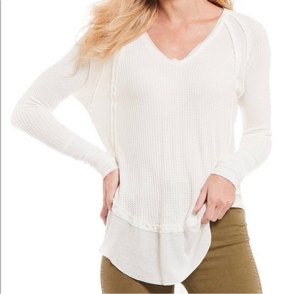 We The Free People Catalina Waffle Knit V-neck Oversize Thermal Top Size Medium